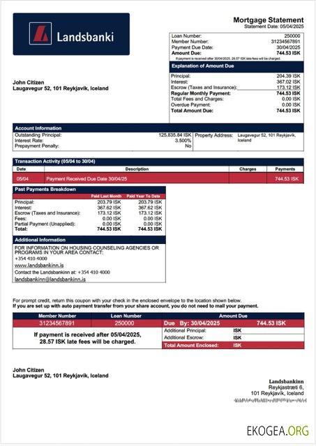 Modèle Word et PDF de relevé hypothécaire de Landsbankinn en Islande